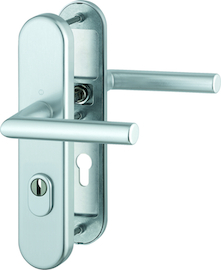 FS-1400F/3332ZA/3310 Garnitur / Profilvollstift / ES1 / F1 Alu natur / 9 mm / Profilzylinder 72 mm / 42-47 mm / HOPPE-Logo Produktbild