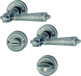 M172/15K-2/15KS-2 Garnitur/F56 Silber antiqua/8mm/8mm/Schlitzkopf/Olive/Türdicke 37-41mm/ Produktbild