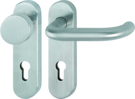 E58/353KH/138 Garnitur/F69-S Edelstahl matt - SecuSan (nur für Innenbereich geeignet)/8 mm/Profilzylinder 72mm/40-45 mm/HOPPE-Logo Produktbild