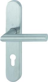 E1400/353H Garnitur / F69 Edelstahl matt / fest/drehbar Kugelarretierung mit Rückholfeder / 8 mm / Profilzylinder 72 mm / 40-45 mm / HOPPE-Logo Produktbild