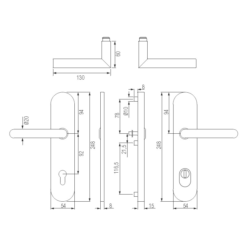 greenteQ bezp.sada klika+klika pro domovní dveře DG61.S216.ZA.ER.NS nerez ocel jemný mat, rozteč 92mm PZ, čtyřhran 8/10mm, tloušťka dveří 60-80 mm, vč fotografie výrobku BIGSKZ L