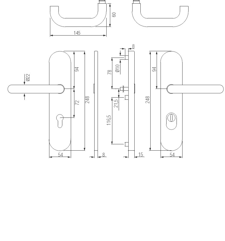 greenteQ bezp.sada klika+klika pro bytové dveře DG60.S216.ZA.AL.RAL9016.NS hliník bílá barva matná RAL9016, rozteč 72mm PZ, čtyřhran 8mm tloušťka dve fotografie výrobku BIGSKZ L