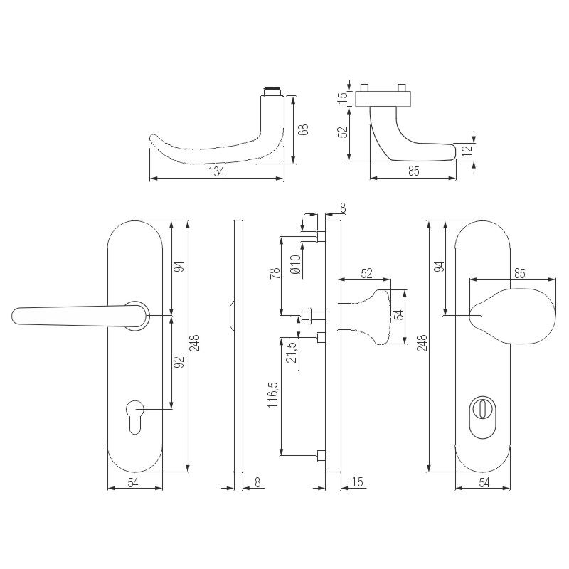 greenteQ bezp.sada klika+knoflík pro domovní dveře DG65.S216.ZA.ER.NSWK nerez ocel jemný mat, rozteč 92mm PZ, čtyřhran 8/10mm, tloušťka dveří 64-77 mm fotografie výrobku BIGSKZ L