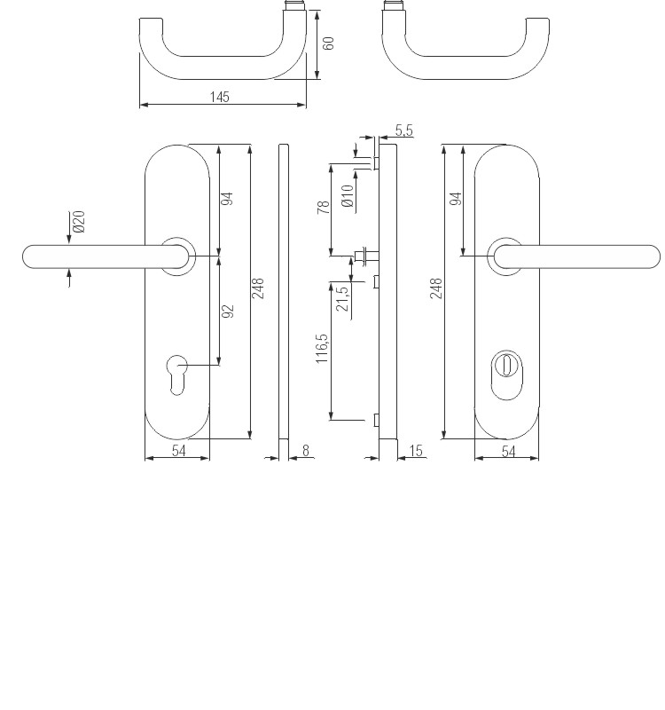 greenteQ Hauseingangstür-Feuer-Schutz-Drückergarnitur DG60.FS.S216.ZA.ER.NS Edelstahl fein matt, Entfernung 92 mm PZ, Vierkantstift 9 mm  Türstärke 38 Produktbild BIGSKZ L