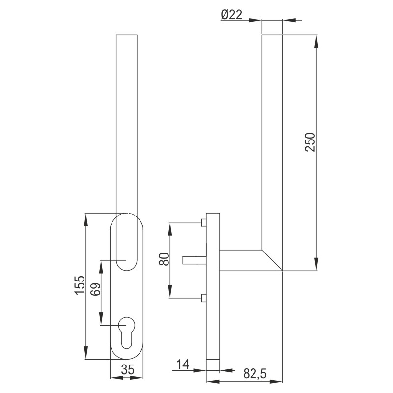 greenteQ Tõste-/liuguksekäepide HSTG61.PZ.ER.RAL9005 mustaks värvitud RAL9005, tappide pikkus 2x95 mm (lahtine) nukk Ø 10 mm, sh. kruvid M6x80 mm toote foto BIGSKZ L