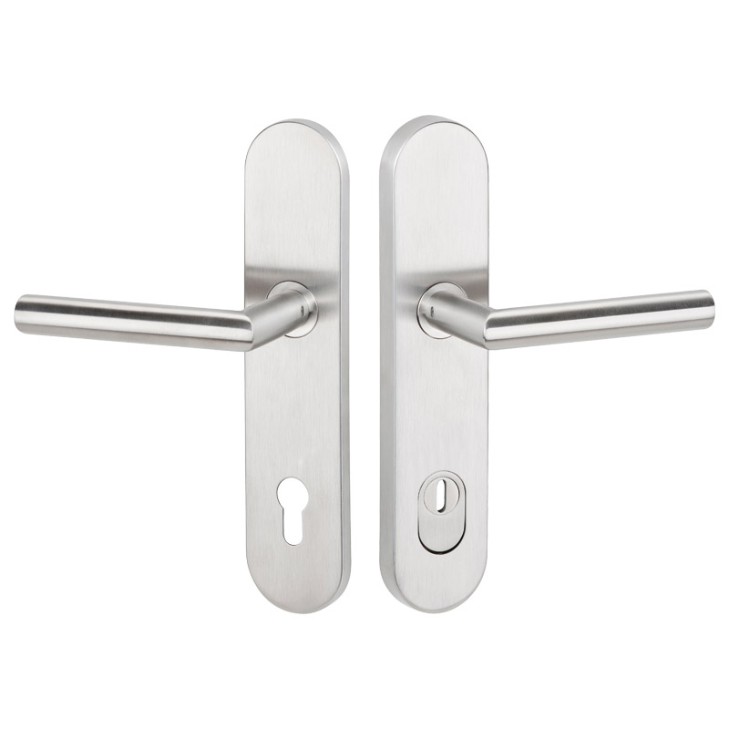 greenteQ garniture de poignée coupe-feu pour porte d'entrée DG61.FS.S216.ZA.ER.NS acier inoxydable fin mat, distance 92 mm PZ, tige carrée 9 mm épaiss product photo BIGPIC L