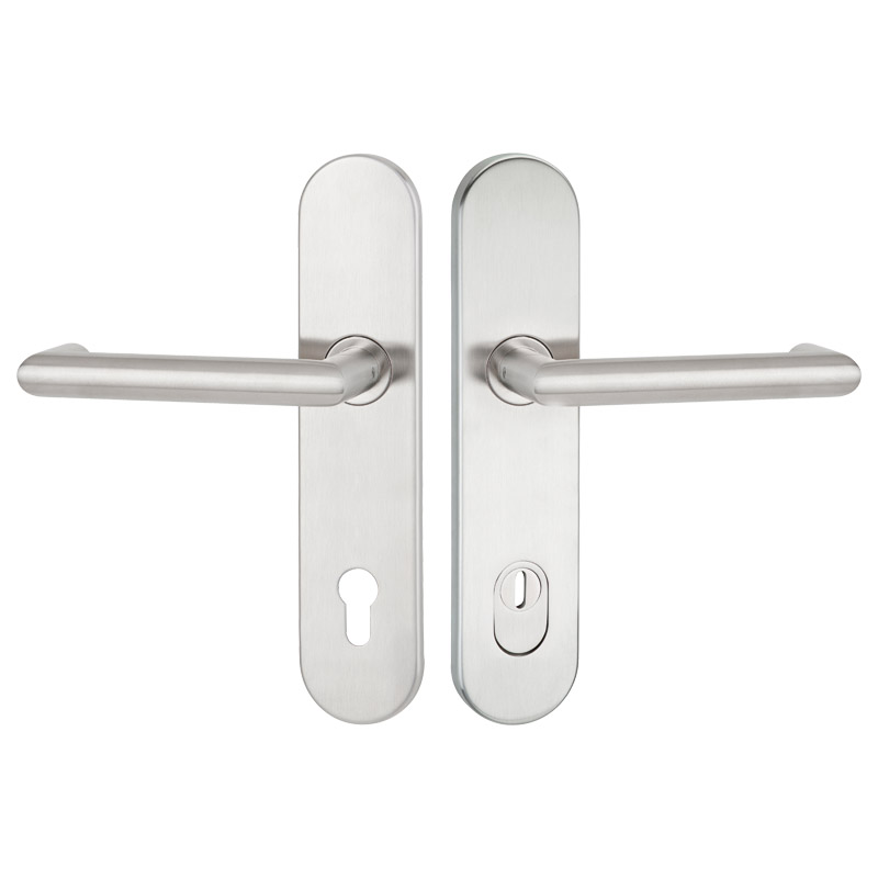 greenteQ garniture de poignée de porte d'entrée anti-feu et anti-panique DG80.FS.AP.S216.ZA.ER.NS acier inoxydable fin mat, distance 92 mm PZ, tige ca photo du produit BIGPIC L