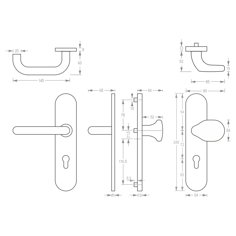 greenteQ garniture alternée coupe-feu pour porte d'entrée d'appartement DG60.FS.S216.ER.NS acier inoxydable fin mat, distance 72 mm PZ, tige carrée 9 product photo BIGSKZ L