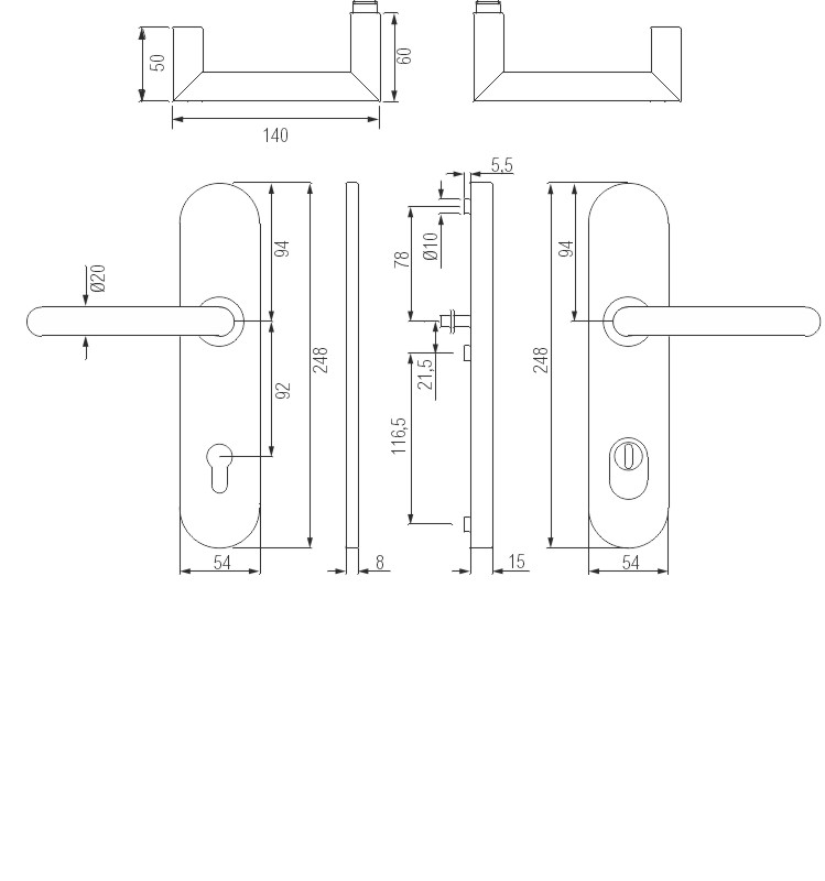 greenteQ garniture de poignée de porte d'entrée anti-feu et anti-panique DG80.FS.AP.S216.ZA.ER.NS acier inoxydable fin mat, distance 92 mm PZ, tige ca photo du produit BIGSKZ L