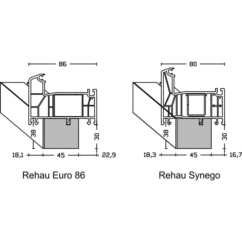 greenteQ Ablakpárkány csatlakozó szigetelőprofil, magas hőszigetelő 0,84 U-értékkel, 2350 x 45 x 30 mm, 1 mm PVC fehér az egyik oldalon, Rehau Synego termékfotó BIGANW L