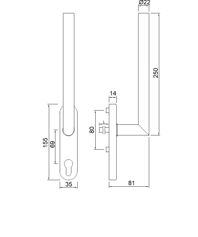 greenteQ Emelő/toló ajtófogantyú HSTG61.PZ.ER.RAL9016 közlekedési fehér bevonat RAL9016, csap hossza 2x95 mm (laza) Ø 10 mm-es csapszeg, M6x80 mm-es c termékfotó BIGSKZ L