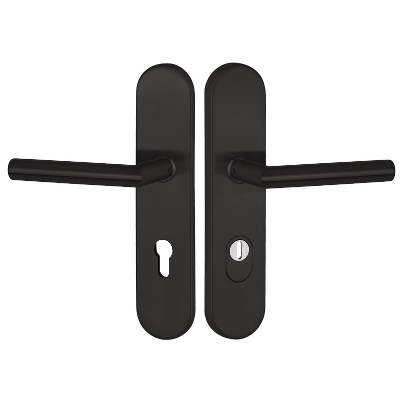 greenteQ Appartementtoegangsdeur veiligheidskrukgarnituur DG61.S216.ZA.ER.RAL9005.NS roestvrij staal zwart gecoat mat RAL9005, afstand 72 mm PZ, vierk productfoto BIGPIC L