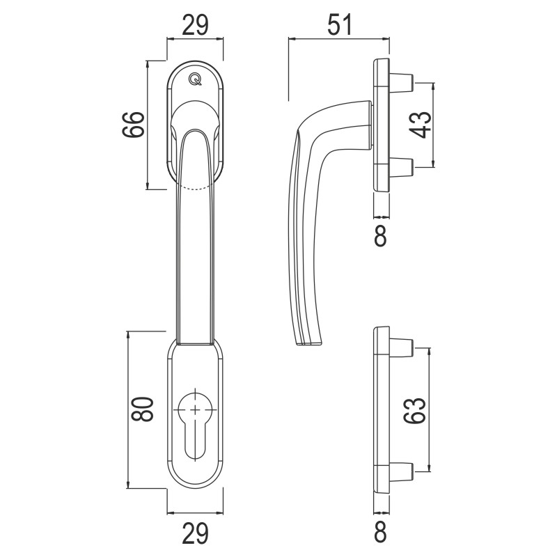 greenteQ Zestaw połówkowy do drzwi balkonowych BTHG10.GR-A.AL F1, zewnętrzny, krzywka 10 mm, trzpień kwadratowy M5 / 7 mm, PZ zdjęcie produktu BIGSKZ L