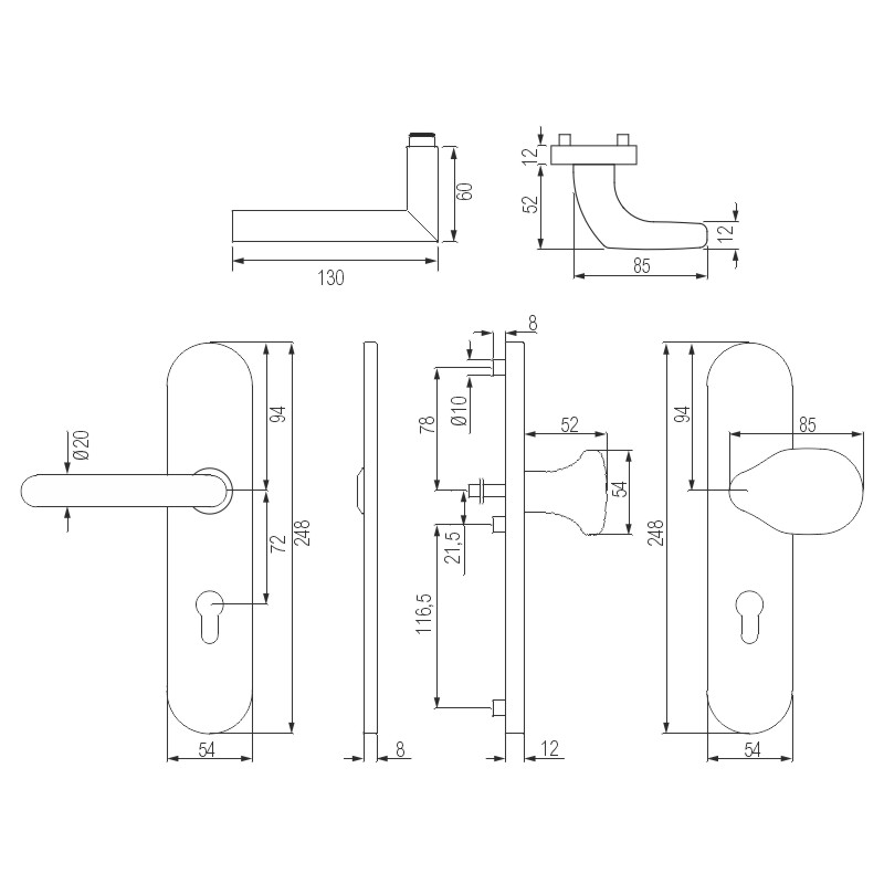 greenteQ Set pentru ușă de securitate pentru ușă de intrare rezidențială DG61.S216.ER.NSWK Oțel inoxidabil fin mat, distanța 72 mm PZ, ax pătrat 8 mm fotografie a produsului BIGSKZ L