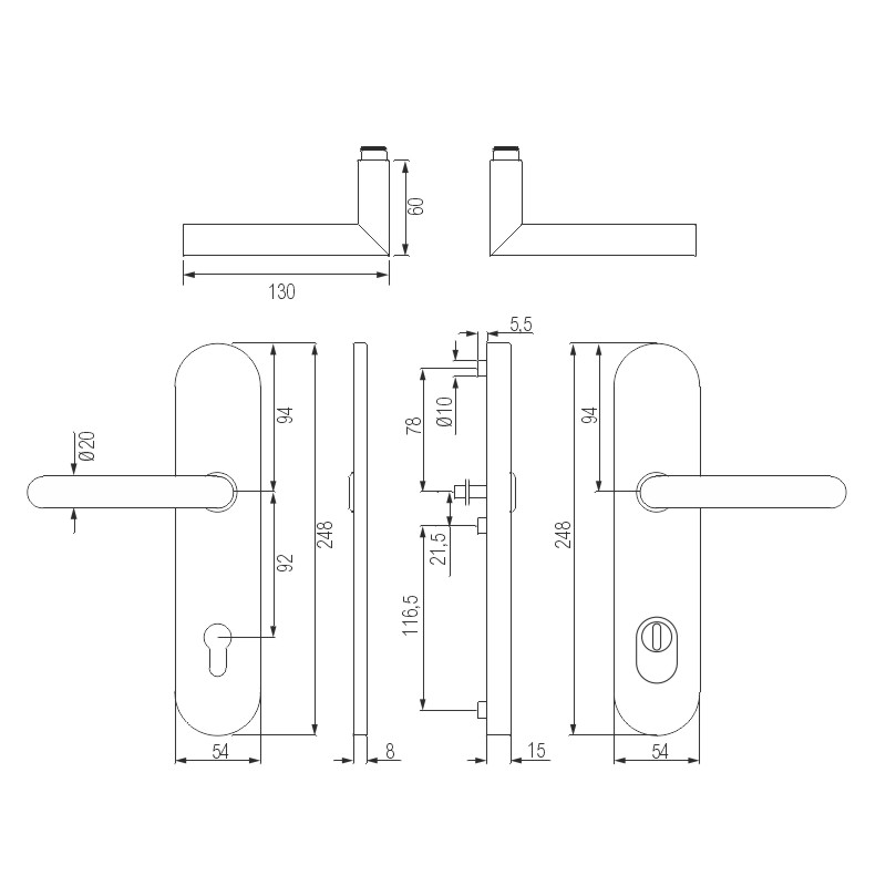 greenteQ set de mânere de siguranță pentru ușa de intrare DG61.S216.ZA.ER.RAL9005.NS oțel inoxidabil acoperit negru mat RAL9005, distanța 92 mm PZ, ax fotografie a produsului BIGSKZ L