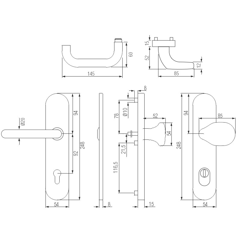 greenteQ Set de securitate pentru ușa de intrare DG60.S216.ZA.ER.NSWK Oțel inoxidabil fin mat, distanța 92 mm PZ, ax pătrat 8/10 mm Grosimea ușii 64-7 fotografie a produsului BIGSKZ L