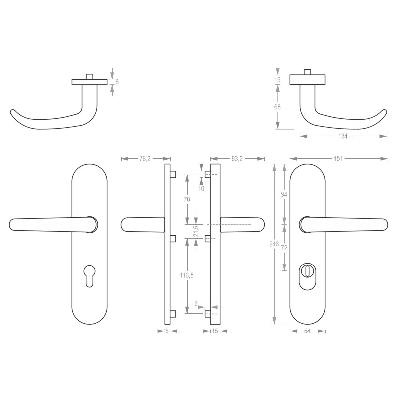 greenteQ Set de mânere de siguranță pentru ușa de intrare rezidențială DG65.S216.ZA.AL.F1.NS aluminiu argintiu, distanța 72 mm PZ, ax pătrat 8 mm gros fotografie a produsului BIGSKZ L
