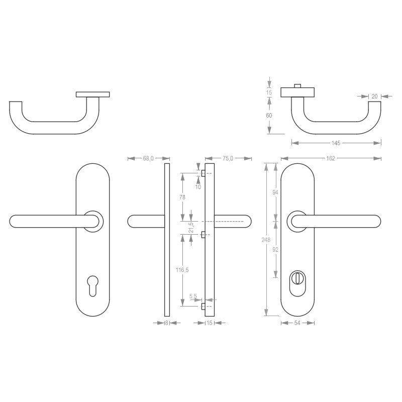 greenteQ Set de mânere pentru ușa de intrare cu mâner de protecție antiincendiu/antipanică DG60.FS.AP.S216.ZA.ER.NS oțel inoxidabil fin mat, distanța fotografie a produsului BIGSKZ L